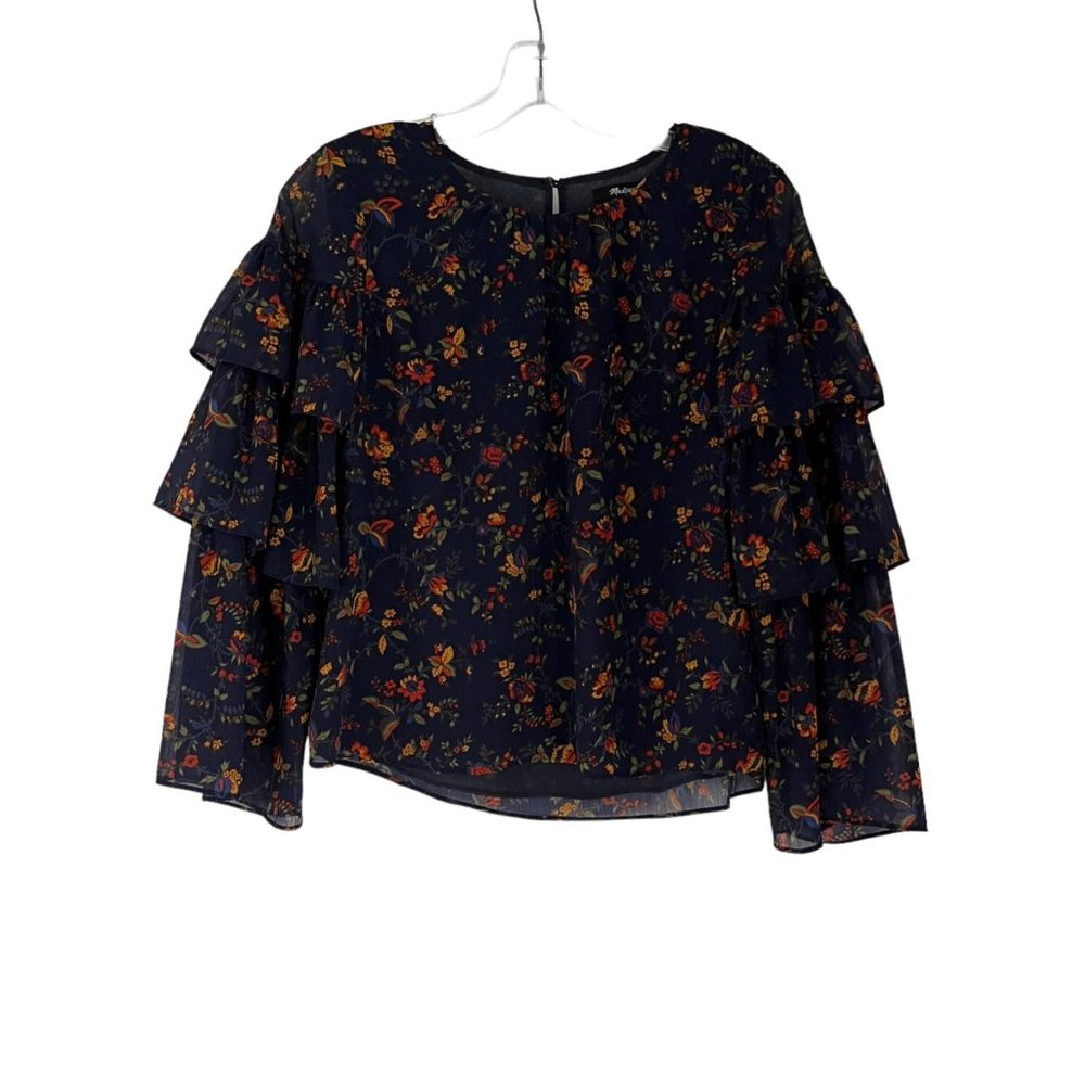 Madewell Navy Blue Climbing Vine Floral Print Ruffle Sleeve Top XX-Small XXS